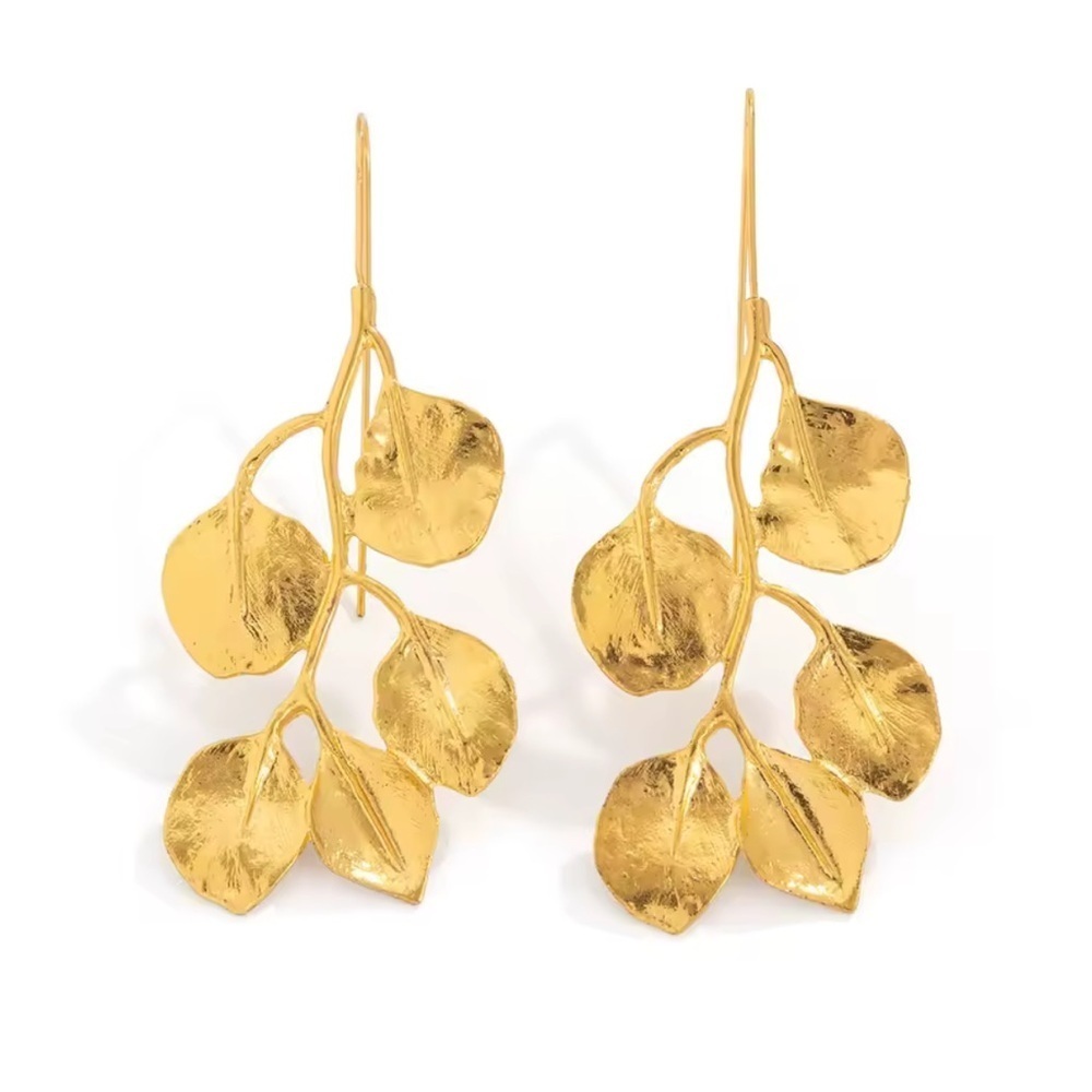 Gold Color Leaf Drop Earrings Nature Inspired, Elegant